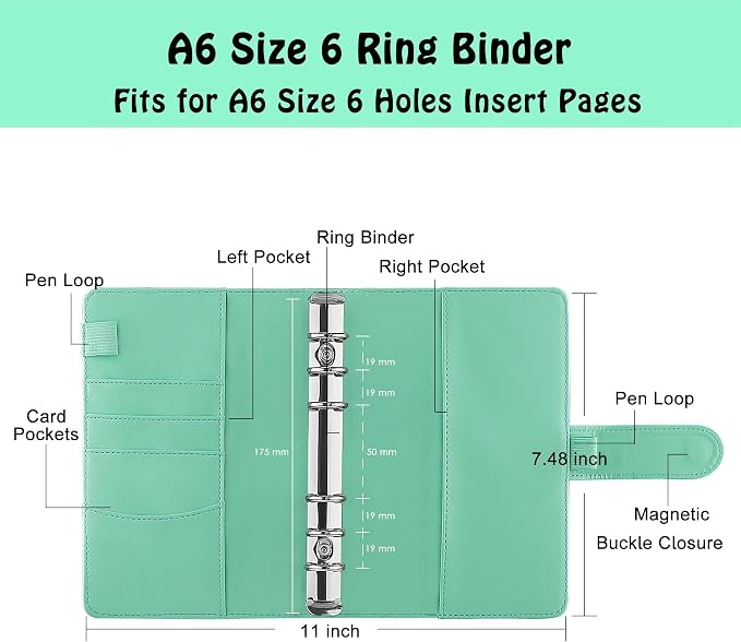 Antner A6 Binder 6 Ring Refillable Notebook Planner for A6 Refill Paper, PU Leather Loose Leaf Personal Budget Planner Money Organizer Cash Stuffing Binder with Magnetic Buckle Closure, Light Green