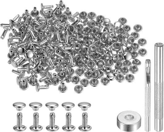 HARFINGTON 100 Sets Leather Rivets 8 x 6mm Metal Double Cap Rivet Snaps Studs Fasteners with 3pcs Setting Tools Rivets for Leather Craft DIY Repair Decoration, Silver Tone