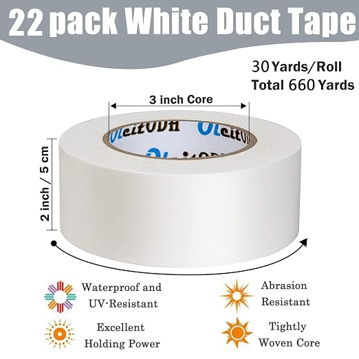 22 Pack White Duct Tape Bulk - 660 Yards x 2 Inch Heavy Duty Tape, Strong No Residue All-Weather, Tear by Hand, Multi-Use for Indoor & Outdoor Repairs, Industrial, Professional Use
