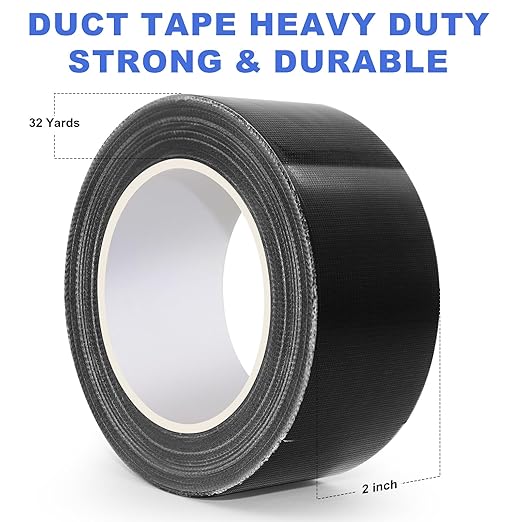 Black Duct Tape, 2 Inches x 32 Yards, Heavy Duty, Strong Adhesive Duct Tape, Easy-Tear by Hand, Residue-Free, Waterproof for Home Repairs, Fixed Carpet Edge, DIY Projects