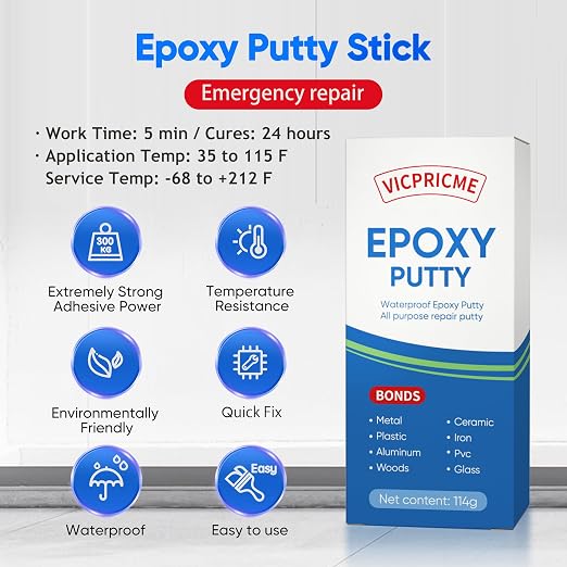 VICPRICME Epoxy Putty Stick, 120 g 2 Part epoxy Quick Repair Adhesive, Hard and Fast Repair for Pools, heaters, Bonds to Metal, Plastic, Wood, Glass, Ceramic Crack Filler, Heat and Waterproof