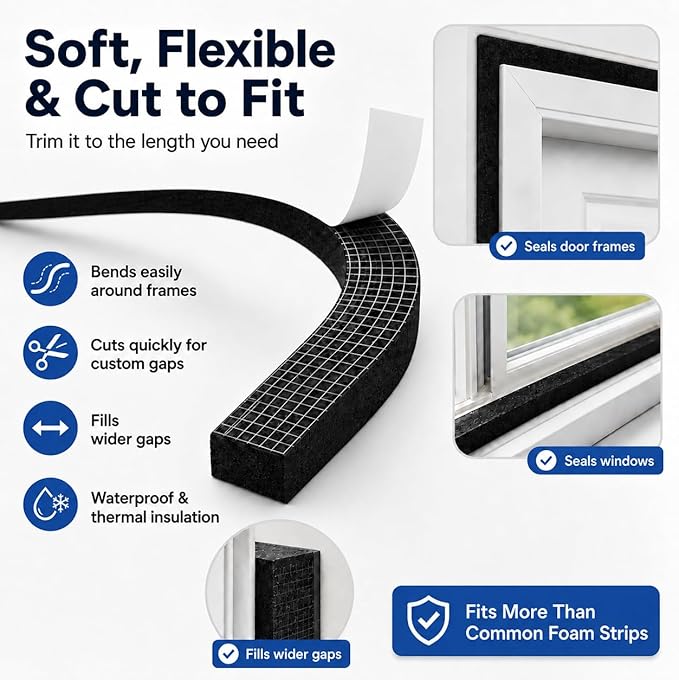 1" x 2" EVA Foam Weather Stripping Tape, 13FT Self-Adhesive Foam Seal Strip for Large Door & Window Gaps, Black