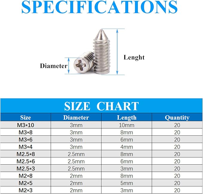 200 pcs Nickel Plated Tip Screws Pointed Cross Slot Leather Accessories 10 Sizes Belt Screws Include M2*3-M2*8, M2.5 * 3-M2.5 * 8, M3*4-M3*10 with 2mm Screwdriver for Belt Buckle Wallet Handbag Purse