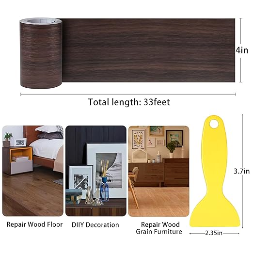 4" X33' Size Realistic Wood Grain Repair Tape, Self Adhesive Wood Grain Repair Patch for Tables, Chairs, Doors, Windows, Floors, Furniture Renovation, Handicraft DIY. With Plastic Scraper. Dark Brown