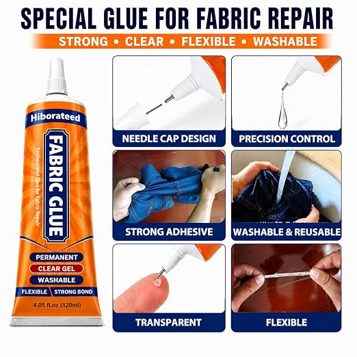 120 ML Fabric Glue Permanent for Clothing Repair, Washable, Dry Clear | no-sew fabric repair kits include craper & clamp for Patch, Clothes, Sewing, Denim, Leather, Polyester, Flannel, Cotton