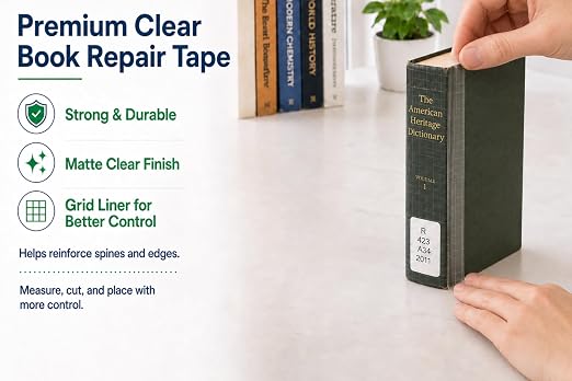 BookGuard 3" Clear Repair Tape, Acid-Free Archival-Safe Vinyl Mending Roll with Grid Liner for Spines, Covers, Hinges, Library Conservation & Restoration, 10 Yards