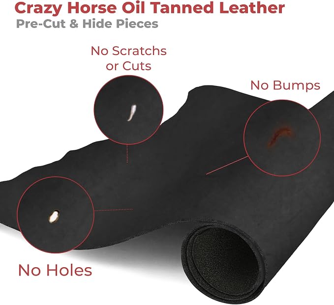 ELW Crazy Horse Leather 5-6 OZ (2-2.4mm) | Black | Pre-Cut 4-6 SQ FT 2PCS | Full Grain Cowhide Handmade Leather for DIY, Crafts, Sheaths, Sewing, Workshop