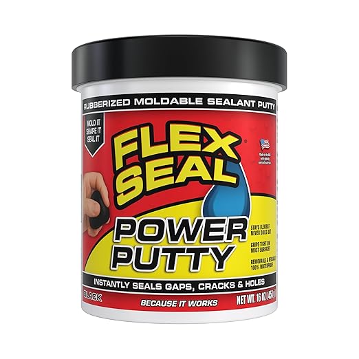 Flex Seal Power Putty, Moldable Waterproof Rubberized Sealant, Instantly Fills Gaps, Cracks, or Holes, Removable Reusable, Works Underwater, Pipes, Marine, Auto, RV, Metal, Plastic, Wood, Black 16 oz