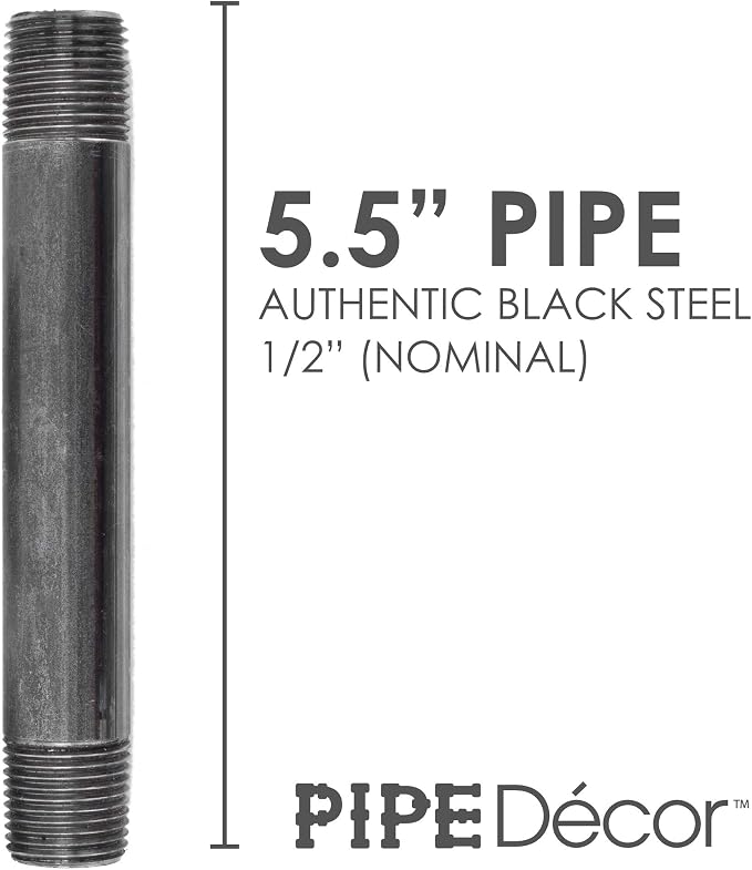 PIPE DÉCOR 1/2" x 5" Malleable Cast Iron Pipe Nipple, Pre Cut Connectors, Industrial Steel Grey Fits Standard Half Inch Black Threaded Pipes Nipples and Fittings, Vintage DIY Furniture, 6 Pack