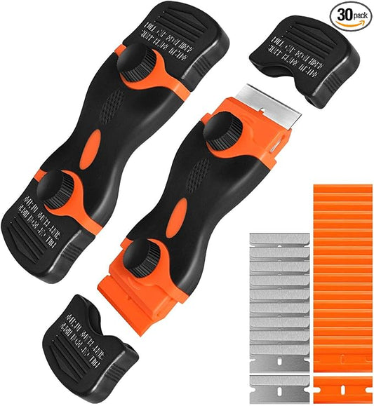 Razor Blade Scraper, Double Edge Razor Scraper Remover Tool with 30 Pcs Razor Blades for Labels Stickers Decals Removal Auto Window Tint Vinyl Tool Application (2 Pack)