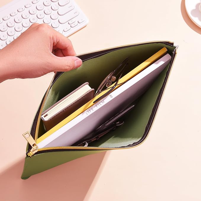 PU Leather A4 File Folder Zipper Document Holder Envelope Folder Case for Receipt Contract (1, Green)
