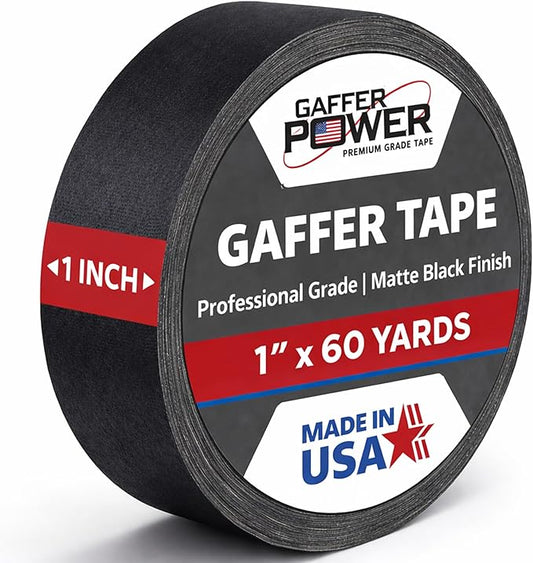 Gaffer Power Black Gaffer Tape 1” x 60 Yards – No Residue, Narrow Precision Tape, Made in USA, Matte Non-Reflective Cloth Tape for Cable Management, Stage & Production