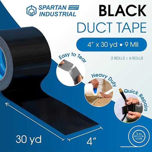 Spartan Industrial - 4" X 30 yd Water-Resistant Black Tape - 6 Wide Duct Tape Rolls for Indoor and Outdoor Use - No Residue, 9 Mil