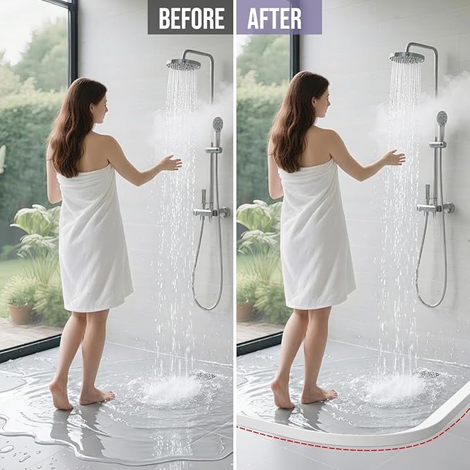 Shower Threshold Water Dam Barrier - Versatile, Silicone Shower Water Guard Stopper Seal Strip for Bathroom Floor, Bathtub Rim, Kitchen Countertop (White, 138 In/ 3.5M)