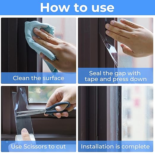 Transparent Window Weather Sealing Tape，Weather Stripping Residue-Free Clear Window Insulation Caulk Tape for Doors Windows and Shower Glass Gaps Bathroom，Weather Stripping Door Seal(2IN x 66FT)