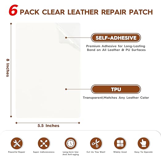 Transparent Leather Repair Patches, 5.5" x 8", 6 Sheets, Self-Adhesive Leather Repair Kit for Furniture, Sofas, Car Seats, Office Chairs and Vinyl Repair.（Transparent）