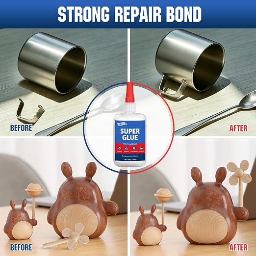 WOUSEDO Super Glue Liquid 30g, Fast Bonding Instant Thin CA Glue | Strong Clear Cyanoacrylate Adhesive for Rubber, Metal, Wood, Ceramic, Plastic*, Ideal for Hobby, Craft and Repair
