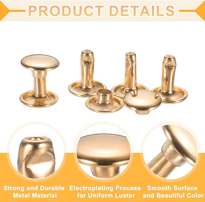 uxcell 120Set Leather Rivets, 7mm Double Cap Rivet Tubular Metal Studs Repairs Decoration Craft Accessories for Repair Decorate Leather Craft Belt Bag Shoes Purse Belts, Light Gold