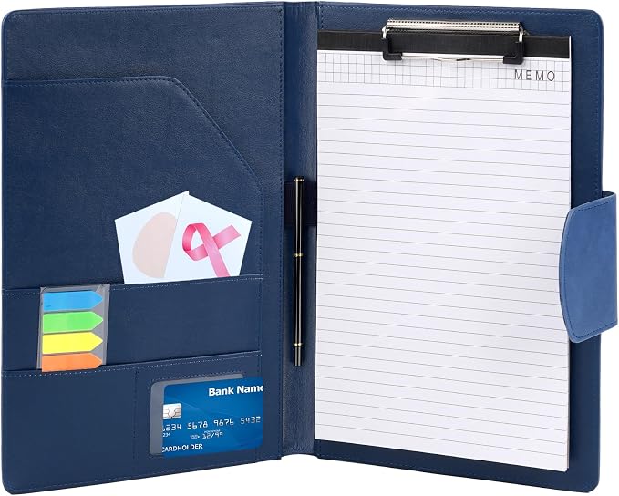 A4 Leather Portfolio Professional Organizer Padfolio,Interview Resume Folder with Magnetic Cover,Conference Document Organizer with Papers,Sticky Tabs,Pen,Work Folio for Women & Man,Retro Blue