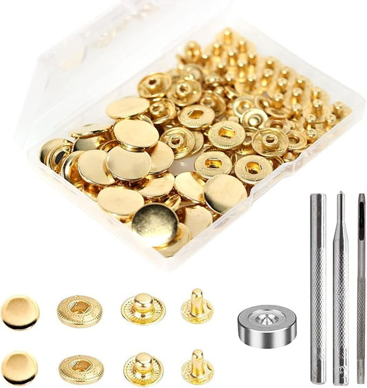 BetterJonny 24 Sets Heavy Duty Leather Snap Fasteners Kit, 17mm Metal Snap Buttons Press Studs Leather Rivets Snaps with 4 Setter Tools for Clothes Bracelet Jackets Jeans (Gold)