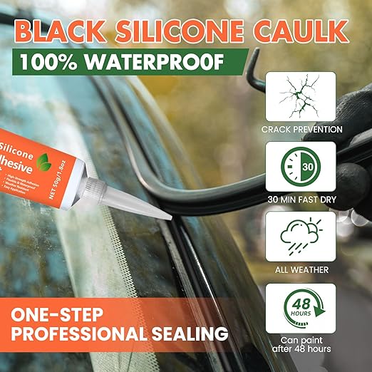 RTV Silicone Sealant Adhesive, 100% Waterproof Silicone Caulk, Strong Adhesion, Shrink & Crack Resistant, All-Purpose Caulk for Car, Kitchen, Bathroom, Window & Door Sealing – 3.4 Fl. Oz (Black)