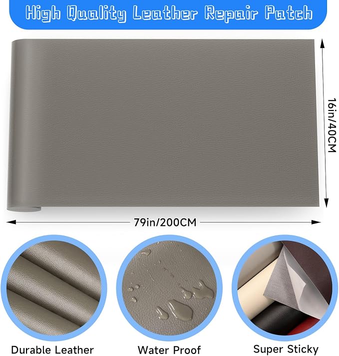 Leather Repair Patch, Self Adhesive Leather Repair, Large Leather Repair Tape for Sofa, Car Seats, Furniture, Cabinets, Chairs, Handbags （Grey, 16X79 inch)