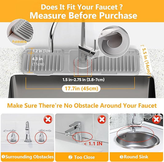 17.7'' Folding Faucet Mat for Kitchen Sink Splash Guard[7° Slope Fast Self-draining][Snap Lock Fit] Kitchen Sink Faucet Mat Splash Guard Kitchen Sink Area Water Splash Guard Behind Faucet Draining Mat