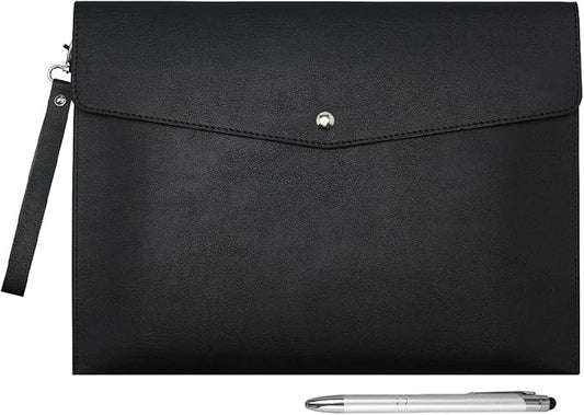 Wonderpool A4 PU Leather Envelope Documents File Portfolio Large Capacity Folders Travel Bag for Paper Letter Stationery Organizer and Tablet Case PC Sleeve (Black)