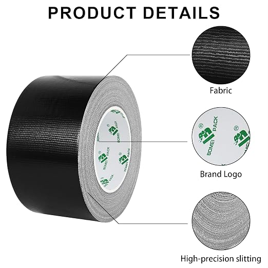 BOMEI PACK Duct Tape Heavy Duty - Black Tape Duct 3 Inches x 50 Yards, 9.06 mil, Strong, Flexible, No Residue, All-Weather and Tear by Hand - for Repairs, Industrial, Professional Use