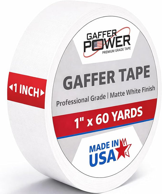 Gaffer Power White Gaffer Tape 1” x 60 Yards – No Residue, Narrow Precision Tape, Made in USA, Matte Non-Reflective Cloth Tape for Labeling, Stage & Cable Management