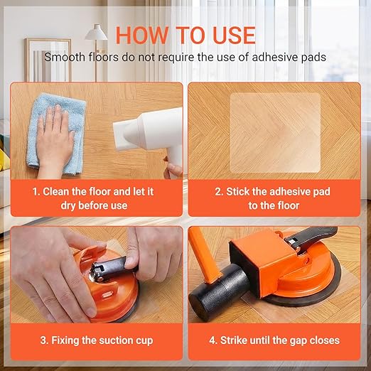 Heavy-Duty Floor Gap Fixer Tool with Robust Rubber Mallet & 5 PCS Reusable Nano Adhesive Pads – High-Grip Pro Suction Cup Repair Kit for Laminate & Vinyl Plank, Ideal for Gap Filling (No Hammer)