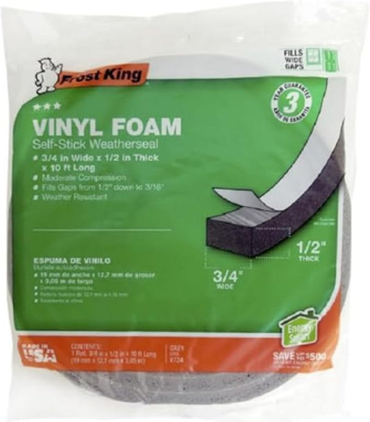 Frost King V734H Vinyl Foam Tape - Closed Cell - Moderate Compression, 3/4" W, 1/2" Thick, 10' L, Grey,Gray