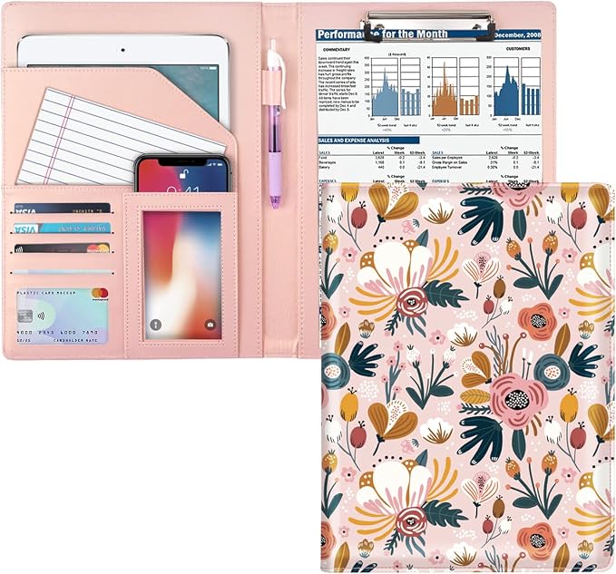 Portfolio Case for Women, Cute Floral Padfolio Cover for Girls, Conference/Resume/Legal Document Organizer with Letter/A4 Size Clipboard Hardboard, Business Card Holders, Pink Flower