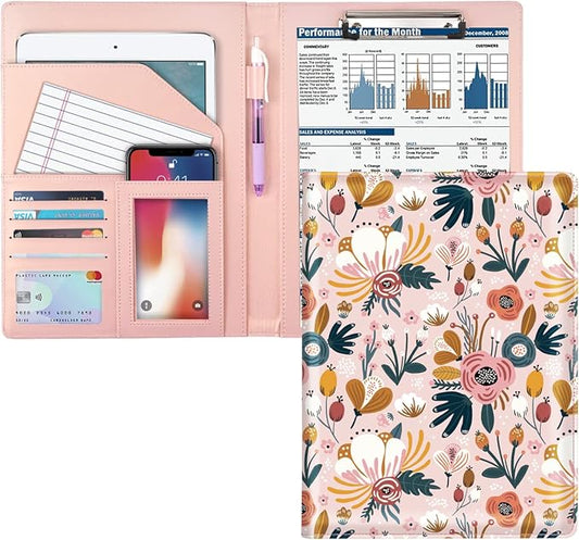 Portfolio Case for Women, Cute Floral Padfolio Cover for Girls, Conference/Resume/Legal Document Organizer with Letter/A4 Size Clipboard Hardboard, Business Card Holders, Pink Flower