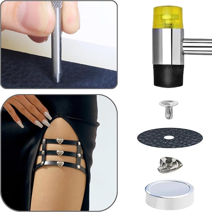 YORANYO 150 Set Mixed Size Rivets Kit - Silver Heart Studs for Clothing, Fabric & Leather Crafting - Rivet Tool for Jackets, Shoes, Bags, Belts & Purse