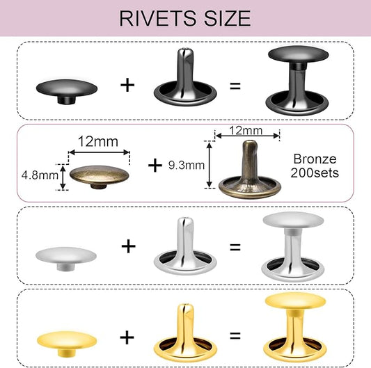 CooBigo 200Sets 12mm Double Round Cap Leather Rivets, Tubular Metal Rivets Spikes Studs, Leather Rivets for Leather Key Fob Clothing Pets Collar Boots Bags Belt Repair and Decoration (Bronze)