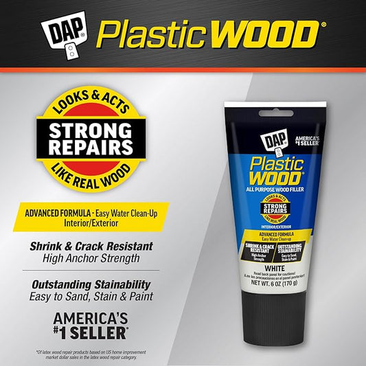DAP Plastic Wood All Purpose Latex Wood Filler, White, 6 Oz - Packaging May Vary (Pack of 6)
