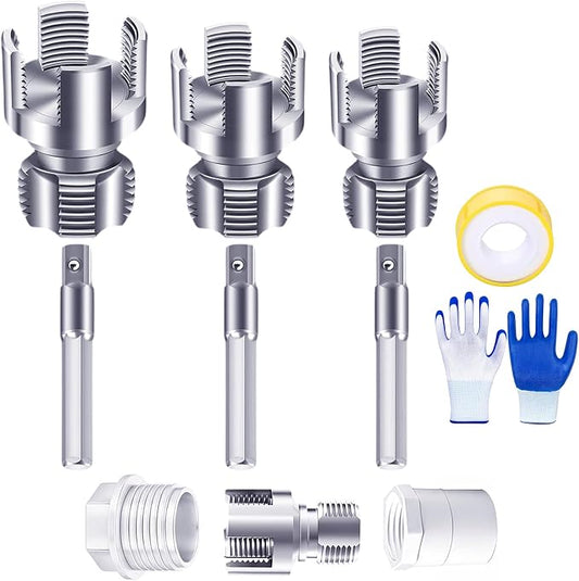 3PCS 1/2" 3/4" 1" PVC Pipe Threader, Internal & External Pipe Thread Cutting Tool, 4 in 1 Water Pipe Wrench, Plastic Pipe Threading Tool for Electric Drill Compatible Repair Plumbing Projects DIY Home