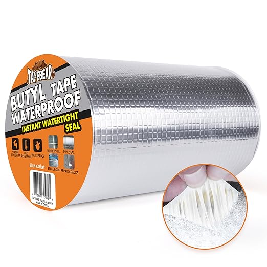 TAPEBEAR Butyl Tape Waterproof Sealant Tape 8inch x33feet, Aluminum Foil Duct Sealing Tape for RV Roof Repair, Boat and Pipe Sealing, Silicone, Glass & EDPM Roof Leak Patching, Silver