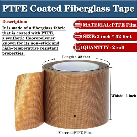 High-Temperature Teflon Fabric Tape, 2 Inch×33 Feet PTFE Tape for Vacuum Sealer Machine, Hand Impulse Sealers Insulation PTFE Coated Fiberglass Adhesive Tape Waterproof, Heat Resistant, Durable