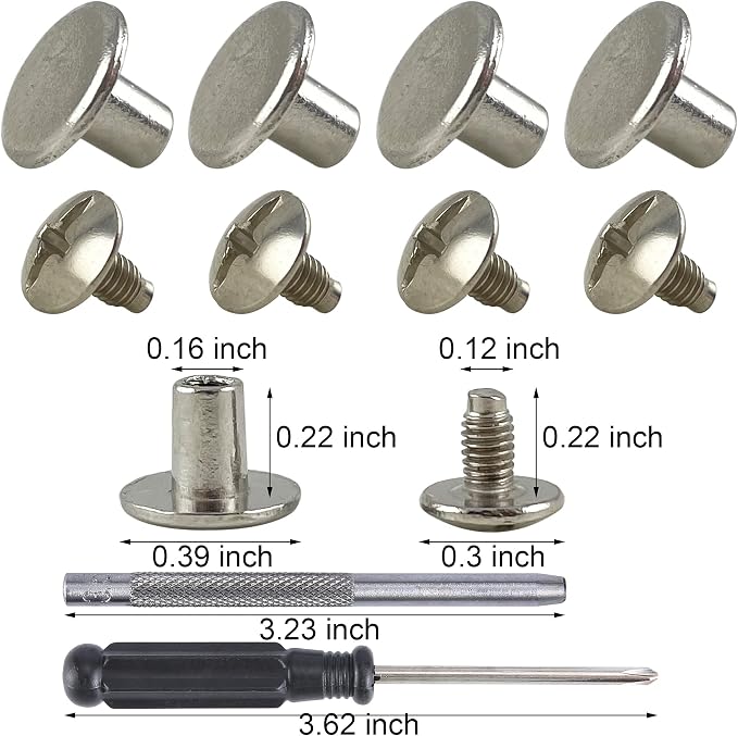 YORANYO 100 Sets Silver Color Round Flat Head Chicago Screws for Leather Chicago Rivets Kit Button Studs Leather Rivets Chicago Screw for Leather Crafting Clothing Shoes Belts Bags 25/64 Inch