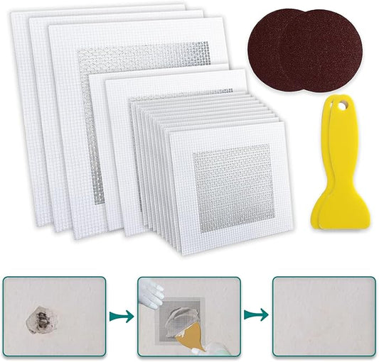 WYIRONG 19 Pack Drywall Repair Kit for Large Holes, 2/4/6/8 Inch Dry Wall Patch Kits for Erase a Small Nail Hole, Plaster Wall Patching Self Adhesive Aluminum Mesh with Scraper and Sandpaper
