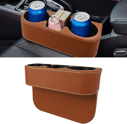 Car Cup Holder, Multifunctional Auto Drink Holder Gap Filler Storage Box, Leather Car Seat Organizer with Cup Holder, Universal Vehicle Front Seat Organizer for Bottle Phone (Brown)