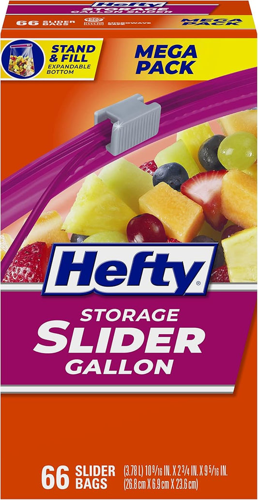 Hefty Slider Kitchen Storage Bags, Gallon Size, Zipper Closure, 66 Count