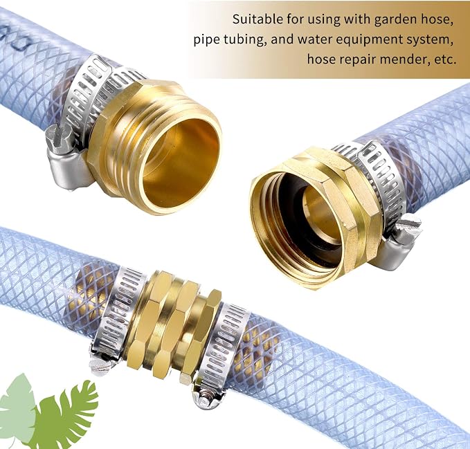 4 Set 3/4 Inch Solid Brass Garden Hose Connector Hose Mender, Water Hose Repair Kit Female and Male Hose Connector with Tape, Stainless Steel Clamp and Rubber Gasket