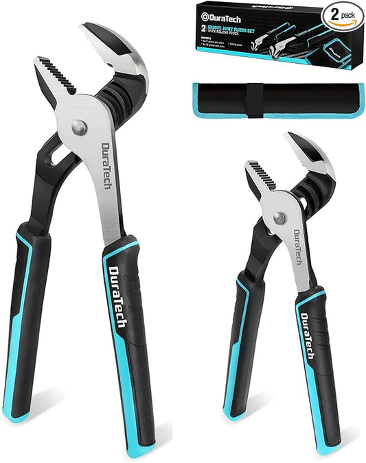 DURATECH 2-Piece Groove Joint Pliers Set with Rolling Pouch, 10 & 8-Inch Adjustable Water Pump Pliers, Straight Jaw Tongue and Groove Pliers for Home Repair, Gripping, Pipe & Fittings