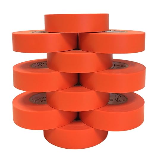 TradeGear Orange 10 Pack - UL Listed Colored Electrical Tape, 60 ft x 3/4 in, 600V, Flame Retardant, Waterproof, Rubber Adhesive - Phase Marking, Wire ID, Automotive