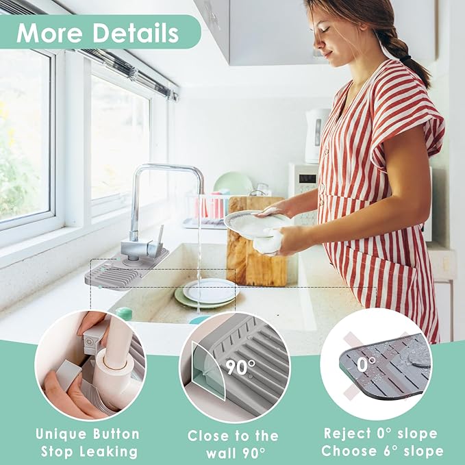 24 Inch Silicone Faucet Mat for Kitchen Sink Splash Guard - 7° Slope Water Draining Mat With Fasten Button for Bathroom Area (Gray, 14.6''x5.5'')