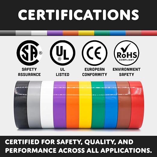 TradeGear Rainbow Glossy 10 Pack - UL Listed Colored Electrical Tape, 60 ft x 3/4 in, 600V, Flame Retardant, Waterproof, Rubber Adhesive - Phase Marking & Wire ID Kit