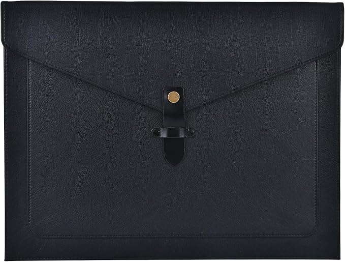 Black PU Leather File Folder, Snap Closure File Organizer, Important Document Folder with Pockets, Document Organizer, Laptop Sleeve Notebook Case, A4 Envelopes Filing Folder
